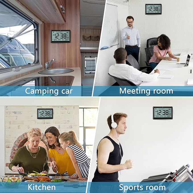 SZELAM Atomic Clock,10.5"Large Display Digital Wall Clock Battery Operated,Digital Calendar Auto Setting Desk Clocks with Indoor Temperature,Humidity,Date,Day,Auto DST for Elderly Bedroom-No backlight