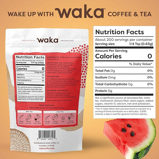 Waka Instant Green Tea Mix, Watermelon Flavored - 100% Tea Leaves, No Additives, Unsweetened Tea Powder in Bulk Pouch – Easy Quick Hot and Iced Teas, Up to 200 Cups (4.5oz)