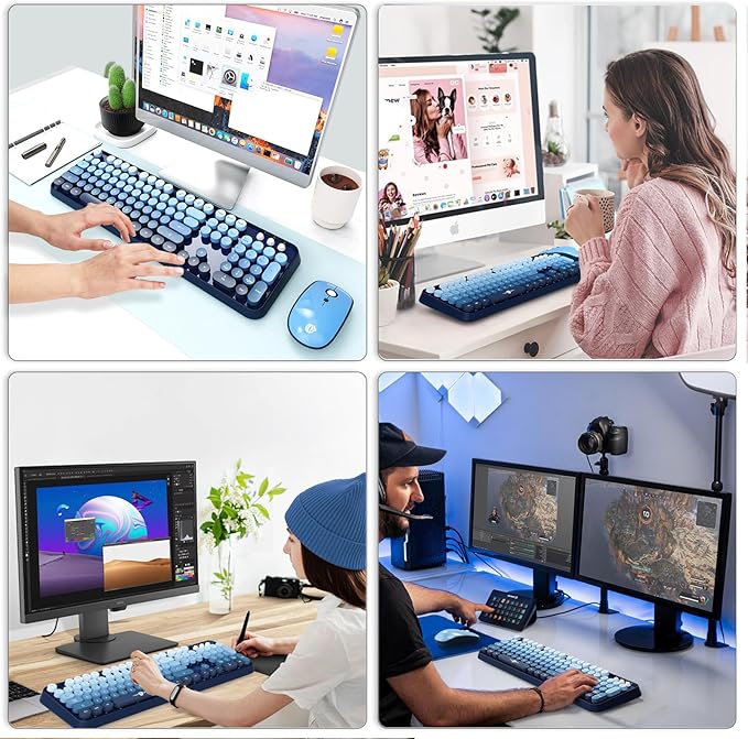 Wireless Keyboard Mouse Combo,104 Round Keys Cute Colorful Keyboard with Retro Typewriter Style,Letton Full Size Keyboard with Number Pad&Mouse with 3 DPI for PC Mac Laptop Computer Windows-Blue