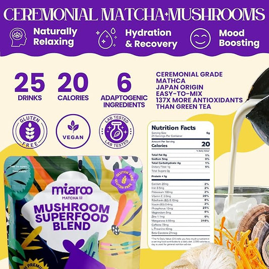 Mushroom Matcha 150g (25 servings, 70mg Caffeine, Zero Sugar) with Lion’s Mane, Cordyceps, Reishi, Chaga | Adaptogenic, Nootropic, Calm Energy, Gut Support & Cognitive Improvement | Miaroo