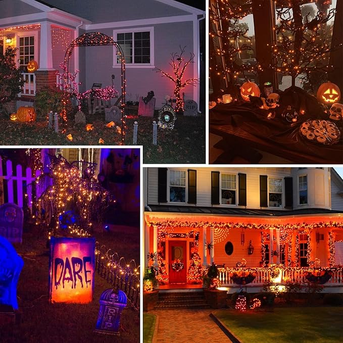 66Ft 200 LED Halloween Fairy Lights Plug in, 8 Modes String Lights with Timer for Outdoor & Indoor, Waterproof Twinkle Lights for Bedroom Garden Party Carnival Supplies Halloween Decorations (Orange)