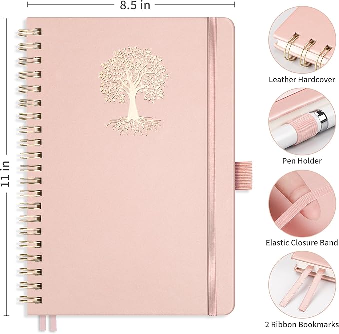 RETTACY Spiral Journal Notebook, 110 Numbered Pages, A4 Large Size (8.5'' x 11''), for Men & Women, Journaling, Writing, Work & Office, Leather Hardcover, 100 GSM Thick Paper (Rose Gold)