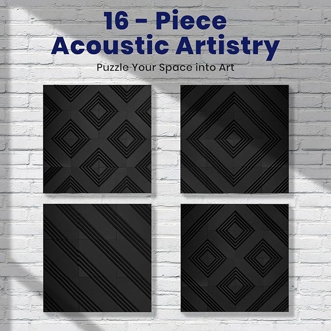 16 Pack DIY Creative Art Decor Acoustic Foam Panels 2" x 12" x 12" Sound Proof Foam Panels Soundproofing Noise Cancelling Wedge Panels with 90PCS Reusable Double-Side Adhesive Dots