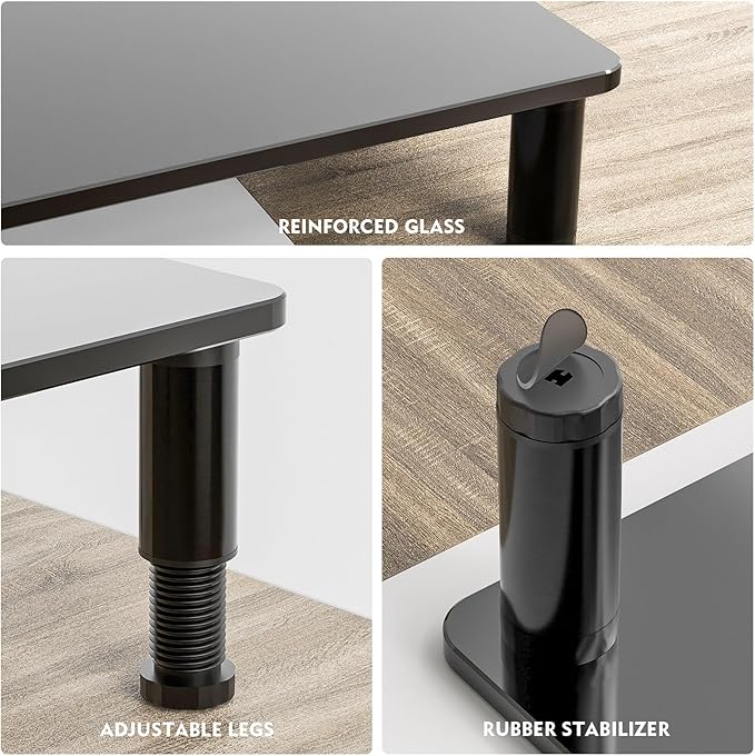 Glass Computer Monitor Stand Riser with Height Adjustable Multi Media Desktop Stand for Flat Screen LCD LED TV, Laptop/Notebook/Xbox One, Black HD01B-002