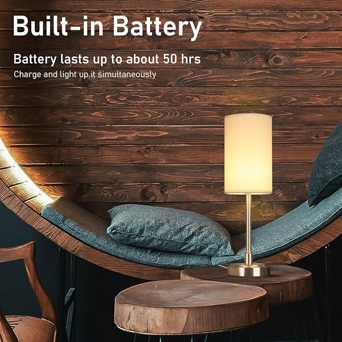 Small Cordless Touch Lamps for Nightstand Lamp Battery Operated Rechargeable Lamp, Portable 3 Colors Stepless Dimmable Fabric Shade Night Light for Restaurant/Bedroom/Outdoor (White+Nickel)