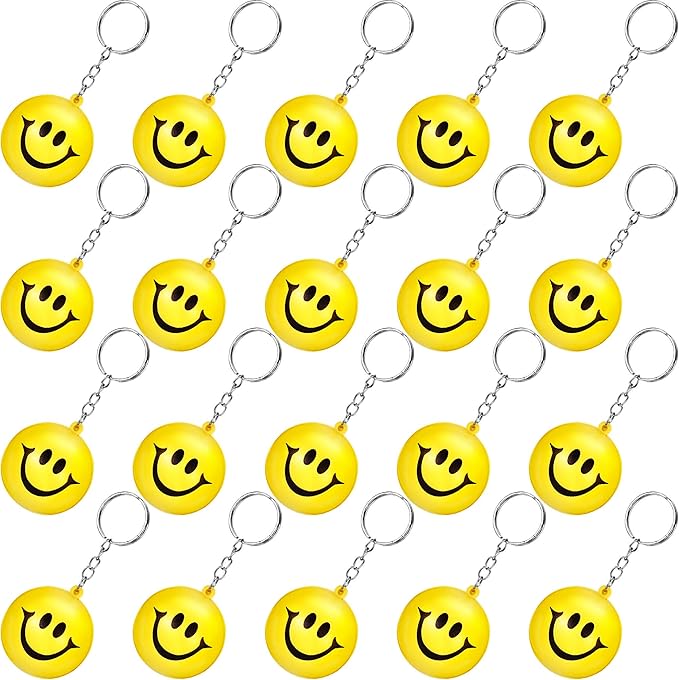Blulu 20 Pack Smile Stress Balls Keychains Mini Foam Ball Keychains Yellow Stress Relief Gifts for Party Favors, School Carnival Reward, Birthday Party Supplies, Goodie Bag Stuffers