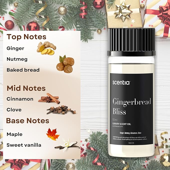 Gingerbread Bliss Fragrance Oil – 50ml Holiday Diffuser Oil | Warm Christmas Blend with Ginger, Nutmeg, Cinnamon & Vanilla | Perfect Stocking Stuffer, DIY Candles & Soaps