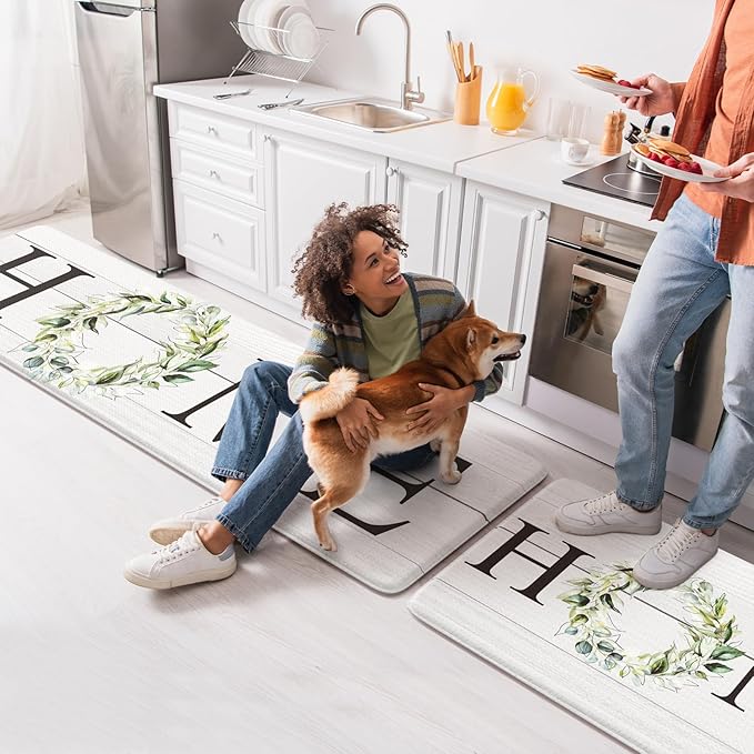 KIMODE Farmhouse Kitchen Mat 2PCS Anti Fatigue Kitchen Runner Rug Sets Non-Skid Waterproof Kitchen Floor Mat Cushioned Comfort Foam Standing Mat for Office,Laundry,Sink,Home