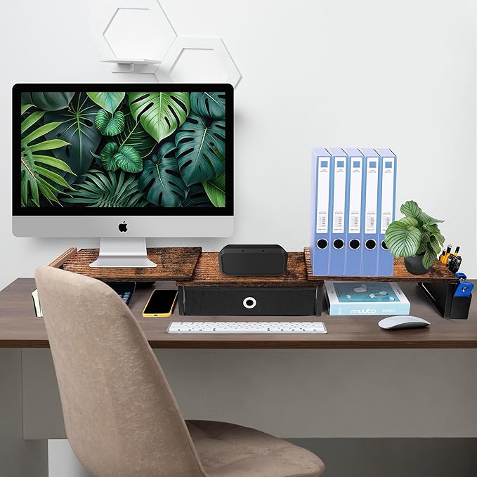 Dual Monitor Stand Riser With Drawer, Office Desk Organizers And Accessories, Computer Monitor Riser For 2 Monitors For Desk, Monitor Shelf With Adjustable Length & Angle