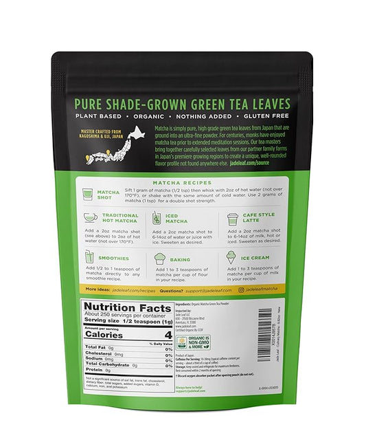 Jade Leaf Matcha Organic Green Tea Powder - Culinary Grade Premium Second Harvest - Authentic Japanese Origin (8.8 Ounce Bulk Resealable Pouch)