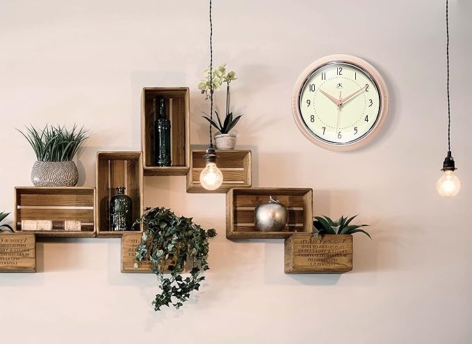 Infinity Instruments LTD. Retro 9 inch Silent Sweep Non-Ticking Mid Century Modern Kitchen Diner Wall Clock Quartz Movement Retro Wall Clock Decorative (Rose Blush)…