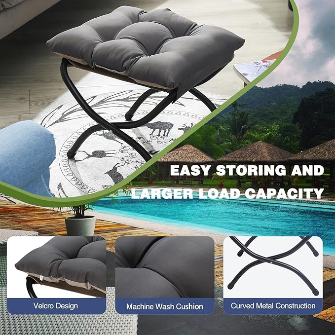 15" Foldable Foot Stool Ottoman with Metal Frame - Washable Dark Grey Upholstered Indoor/Outdoor Footrest for Living Room, Bedroom, Patio - Space-Saving Compact Design