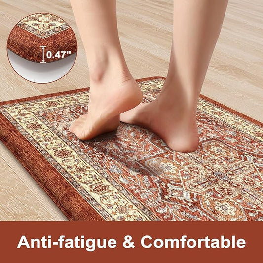 KIMODE Anti Fatigue Fall Kitchen Mats, Boho Distressed Kitchen Floor Mats 17"x47"+17"x29", Non Slip Waterproof Kitchen Rugs, Padded Comfort Standing Mats for Laundry, Office, Sink, Desk Orange Multi