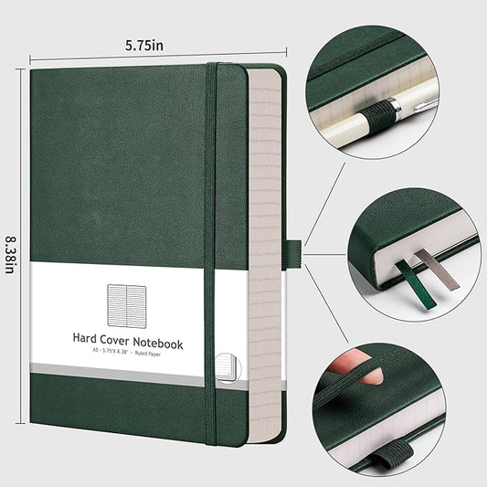 AHGXG Lined Journal Notebook - 320 Numbered Pages Thick Journal for Women A5 Notepad College Ruled, 100gsm Paper, Leather Hardcover, for Men Writing Work Office School, 5.75'' X 8.38''-Green