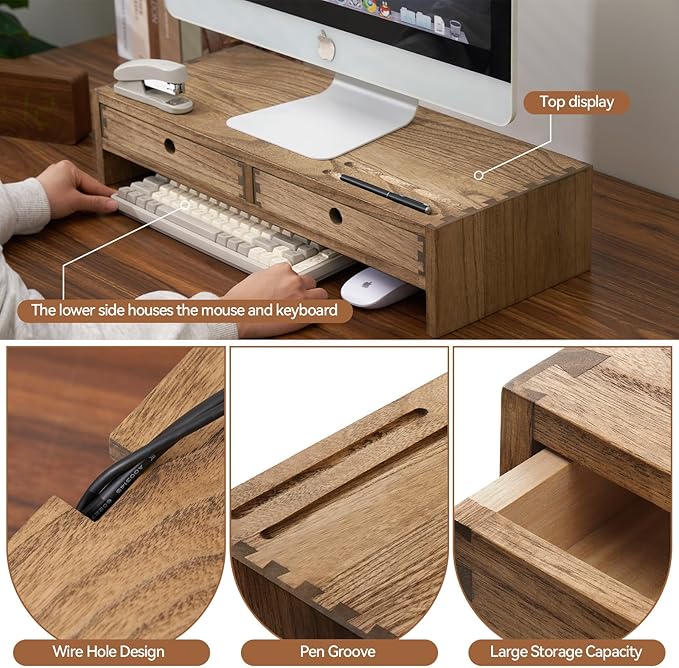 KIRIGEN Wood Monitor Stand with 2 Drawers - Computer Arm Riser Desk Storage Organizer,Speaker TV Laptop Printer Stand with Pen Slot and Cable Management,Dark Brown Desktop Shelf for Office DBR-2PMJ