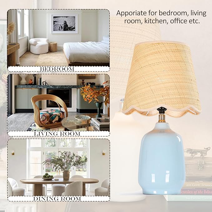 Pia Ricco 19" Modern Ceramic Table Lamp for Living Room Light Bule Base Desk Lamps for Bedroom Farmhouse Bedside Nightstand Lamp End Table Lamps,Bule,Rattan Shade