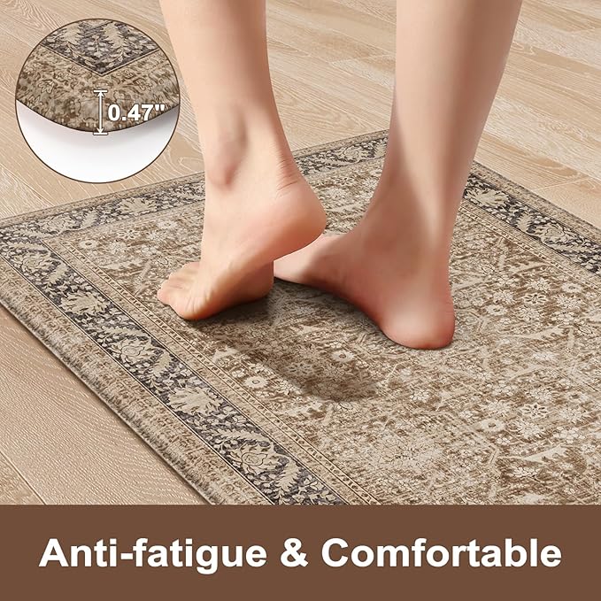 KIMODE Kitchen Mats Cushioned Anti Fatigue, Summer Boho Distressed Kitchen Rugs Sets of 2, Padded Kitchen Floor Mats, Non Slip Standing Mats for Sink Laundry Office Desk Brown 20"x71"+20"x32"