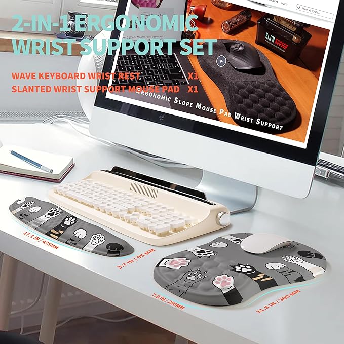 2-in-1 Ergonomic Set, Wave Rise Keyboard Wrist Rest and Massage Bulge Slope Mouse Pad Wrist Support, Cushion Memory Foam Integrated to Relieve Wrist Pain, Cute Cat Paws