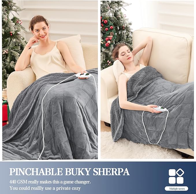 greenoak Heated Weighted Blanket for Adults - Sherpa Fleece Electric Throw Blanket (48”x72”, 15lbs, Light Gray) - Thick Soft Warming Plush Heating Blanket with 10 Heating Levels & 1-8 Hours Auto Off