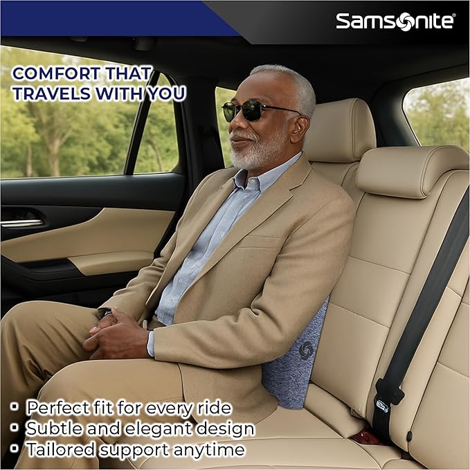 Samsonite Ergonomic Lumbar Support Pillow for Office Chair and Car Seat - Memory Foam Back Support Lumbar Pillow Premium Cushion Chair Support for Lower Back Pain Relief and Versatile Use (Gray-Blue)