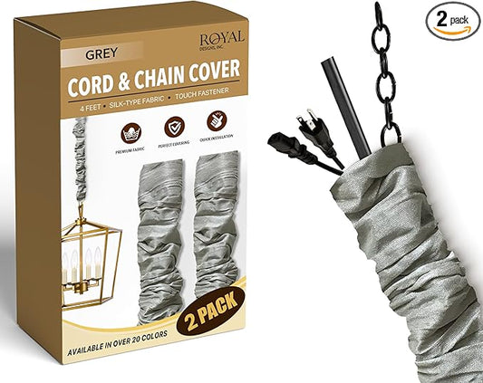 Royal Designs, Inc. Cord & Chain Cover 4 ft Silk Type Fabric, Chandelier Pendant Lighting Chain & Cable Management, Touch Fastener, Gray - 2 Pack