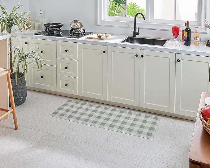 Anti Fatigue Kitchen Rugs Farmhouse Kitchen Mats for Floor,Cushioned Non-Slip Waterproof Ergonomic Comfort Rug Standing Mat for Kitchen,Floor,Home,Office,Sink,Laundry,Plaid Grey,17.3"x47.2"
