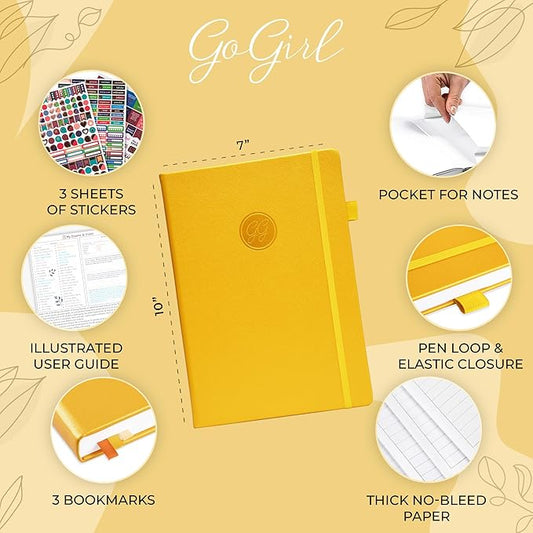 GoGirl Planner PRO Schedule - Undated Planner with Hourly Time Slots, Monthly, Weekly & Daily Organizer, Appointment Book for time Management, 7"x10" Hardcover, Lasts 1 Year - Amber Yellow