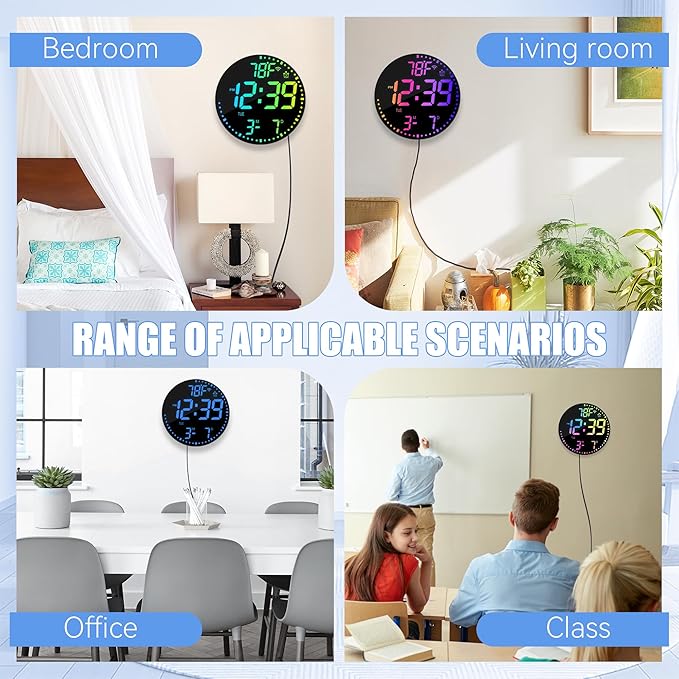 Kasbin 12” Smart Digital Wall Clock with App Control, Auto Brightness, Dual Alarm, Date/Temp(°F/°C) Display - 12 RGB Colors for Bedroom, Living Room, Office, Ideal Gift for Seniors