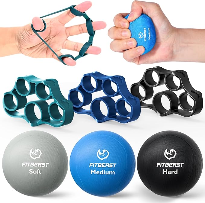 FitBeast Grip Strength Trainer โ 6 Pieces Hand Therapy Kit with Finger Extension Exerciser & Stress Balls for Adults, Rehab & Strength Training โ for Men, Women, and Seniors