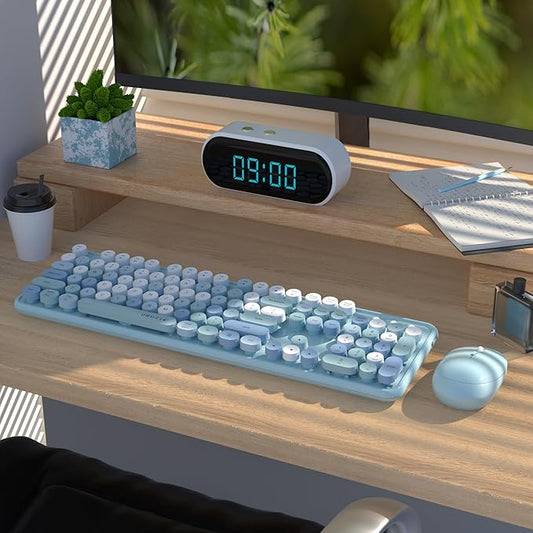 UBOTIE Colorful Computer Wireless Keyboard Mouse Combos, Typewriter Flexible Keys Office Full-Sized Keyboard, 2.4GHz Dropout-Free Connection and Optical Mouse (Blue-Colorful)