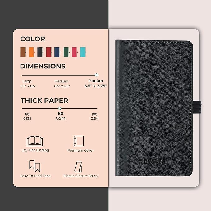 Weekly Monthly 2025-2026 Planner (July 25-Dec 26),6.5"x3.75",18 Months Agenda Plan with Month Tabs & Pocket,Expenses/Note Pages, Academic Calendar with Vegan Leather Cover,Black