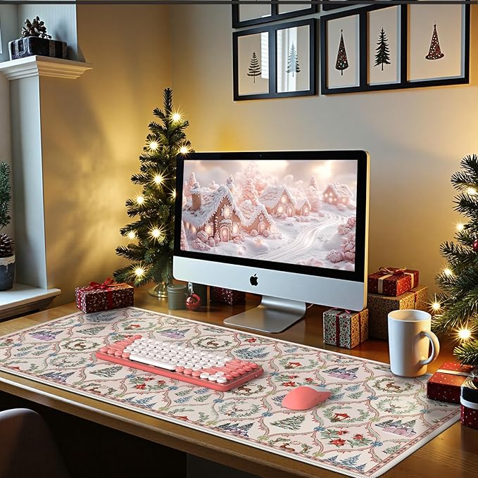 iCasso Christmas Desk Mat, Beige Mouse Pad, Desk Protector Mat, Extra Large Office Matt for Desktop,Anti-Slip XXL Big Mousepad with Stitched Edges for Computer Keyboard