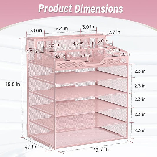 6 Tier Mesh Desk Organizer,Multi Functional Letter Paper Tray with 3 Pen Holders and 5 Adjustable Storage Compartments for Office Supplies Files and Mail Space Saving Desktop Organizer-Pink