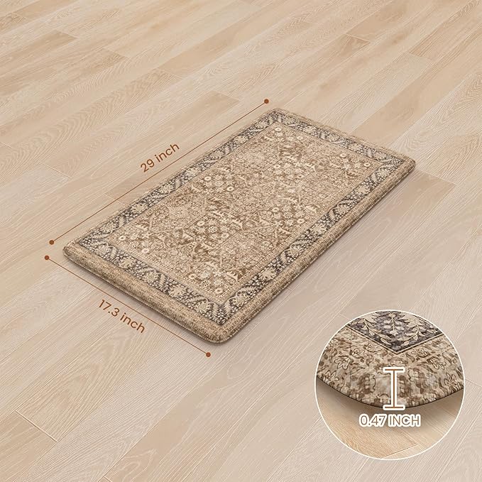 KIMODE Anti Fatigue Kitchen Mat 17.3"x29", Vintage Kitchen Floor Mats Non Slip, Waterproof Kitchen Mat for Floor, Farmhouse Comfort Standing Mat for Laundry, Office, Sink, Desk Brown