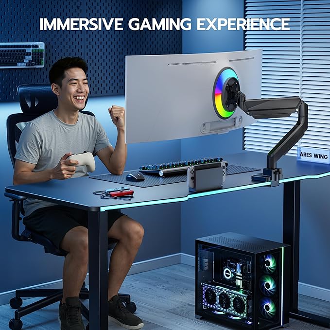 ARES WING Ultrawide Monitor Arm, Heavy Duty Single Monitor Mount for 13"-49" Curved Screens, Adjustable Stand for Desk with C-clamp & Grommet Base up to 40 LBS, Black