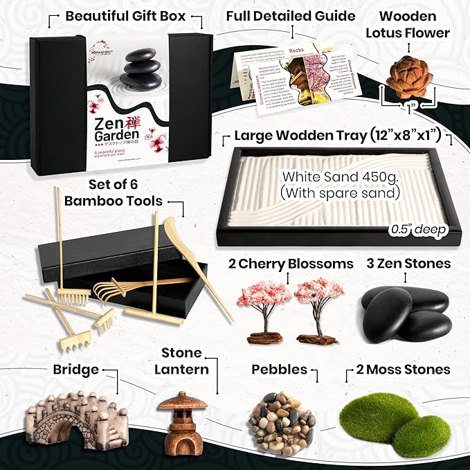 Zen Garden Kit for Desk 12x8in Sand Tray, Japanese Gift Set 14 Accessories and 6 Tools, Meditation Mini Zen Garden, Zen Sand Garden, Home Office Desk Decorations, Therapy Kit, Rock Decor