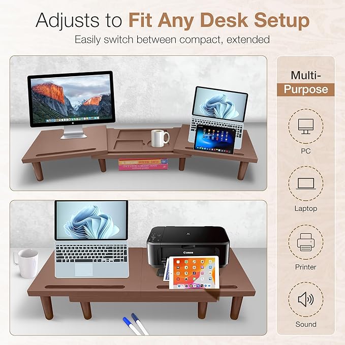 Dual Monitor Stand Riser - Solid Wood 3 Panels Laptop Riser with Storage for Phone/Mug - Home/Office Desk Organizer with Adjustable Length & Angle - Modern Computer Stand for PC, Laptop, & more (Brown)