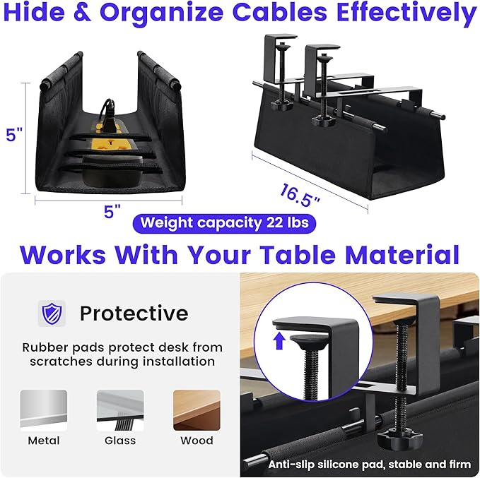 Under Desk Cable Management Tray, Clamp-On Cord Organizer,No Drilling Required, Holds Up to 22 lbs, for Cords, Routers, Power Strips (Black, 28.4inch)