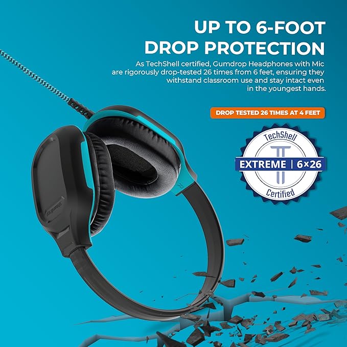 Gumdrop DropTech On-Ear Wired Headphones with USB-C Type and Long Tangle Free, Chew-Proof Cord - Rugged, Reliable, Drop Tested and Comfortable for Kids, K-12 Students, Classroom and School Use - Black