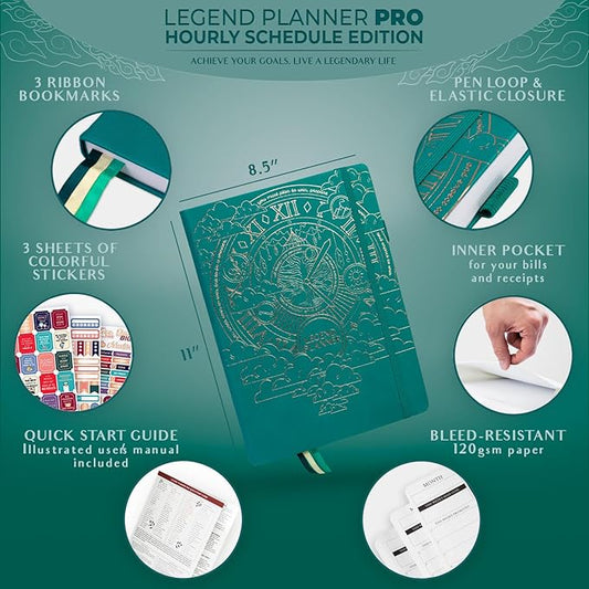 Legend Planner PRO Hourly Schedule - Weekly & Daily Organizer with Time Slots. Appointment Book Journal for Work & Personal, A4 (Dark Teal)