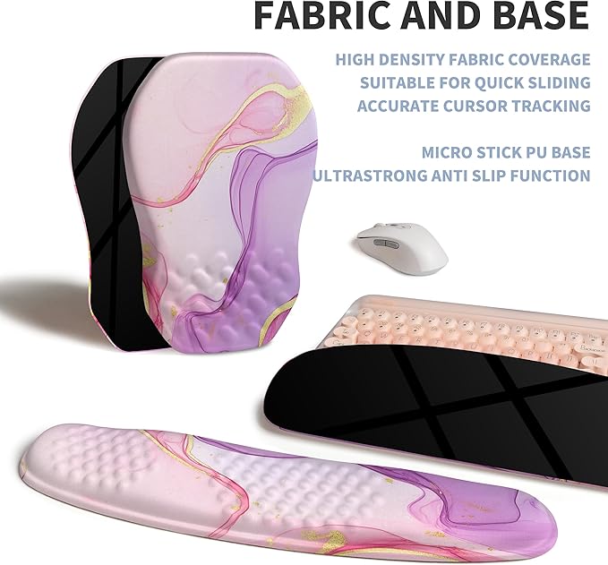 2-in-1 Ergonomic Set, Wave Keyboard Wrist Rest and Massage Slope Mouse Pad Wrist Support, Rebound Memory Foam for Relieve Carpal Tunnel Syndrome and Wrist Pain (Pink Purple Marble)