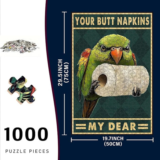 1000 Piece Wooden Parrot Jigsaw Puzzle Your Butt Napkins My Dear Adults & Kids Difficult Challenge for Relaxation Focus & Family Entertainment 29.5x19.7 Inch