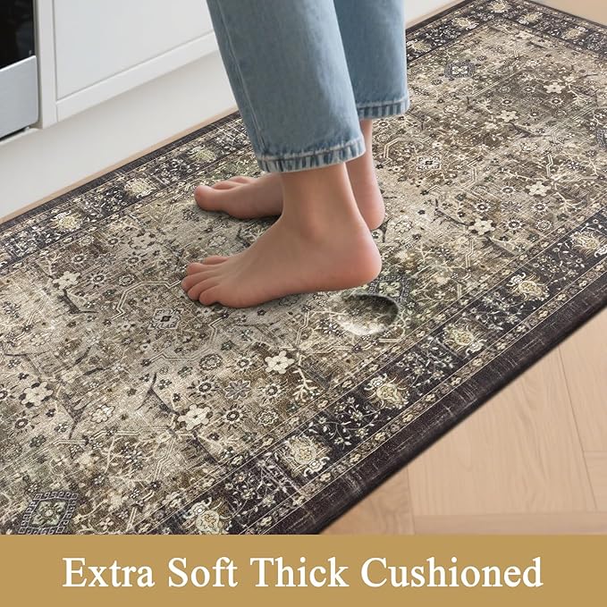 Pauwer Anti Fatigue Kitchen Mat Set of 3 Non Slip Kitchen Mats for Floor Cushioned Kitchen Rugs Comfort Standing Mat Farmhouse Waterproof PVC Foam Kitchen Floor Mat Runner, Multi Brown