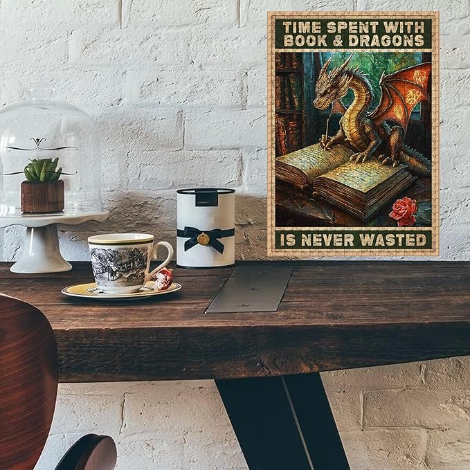 1000 Piece Difficult Wooden Jigsaw Puzzle Spent with Books and Dragons is Never Wasted Adults & Kids Educational Family Game Stress Relief Quiet Play Home Decor 29.5x19.7 Inch