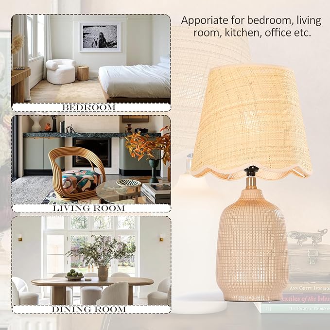 Pia Ricco 19" Modern Ceramic Table Lamp for Living Room Gray Camel Base Desk Lamps for Bedroom Farmhouse Bedside Nightstand Lamp End Table Lamps,Pink,Rattan Shade