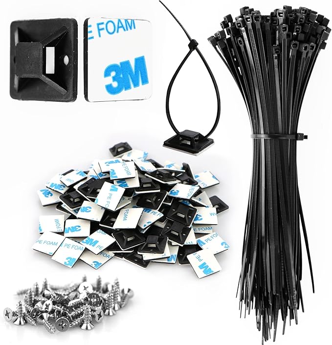 Zip Tie Mount 3/4" Black Small Wire Tie Adhesive Mounting 100 Pcs for Wire Clips Cable Management Cable Tie Anchors for Home Office Wiring Durable Pro-grade UV Wire Holder Organizer for Tidy Cabling
