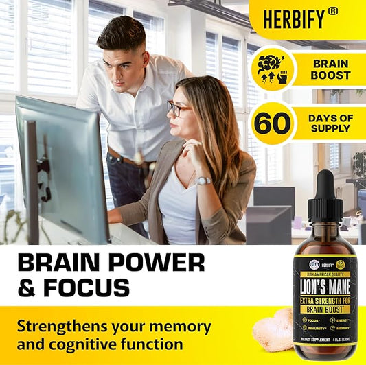 HERBIFY Lions Mane Supplement - Daily Mushroom Supplement for Memory, Focus & Clarity - Brain Booster - Lions Mane Tincture for Immune Support - 4 Fl oz