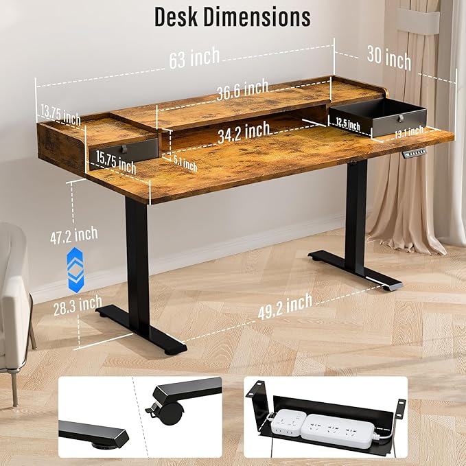 Kingant 63" x 30" Standing Desk with Drawers, Large Desktop, Ergonomic Sit Stand Desk for Home Office Work, Cable Management, 3 Preset Heights & 2 Hooks, Rustic Brown