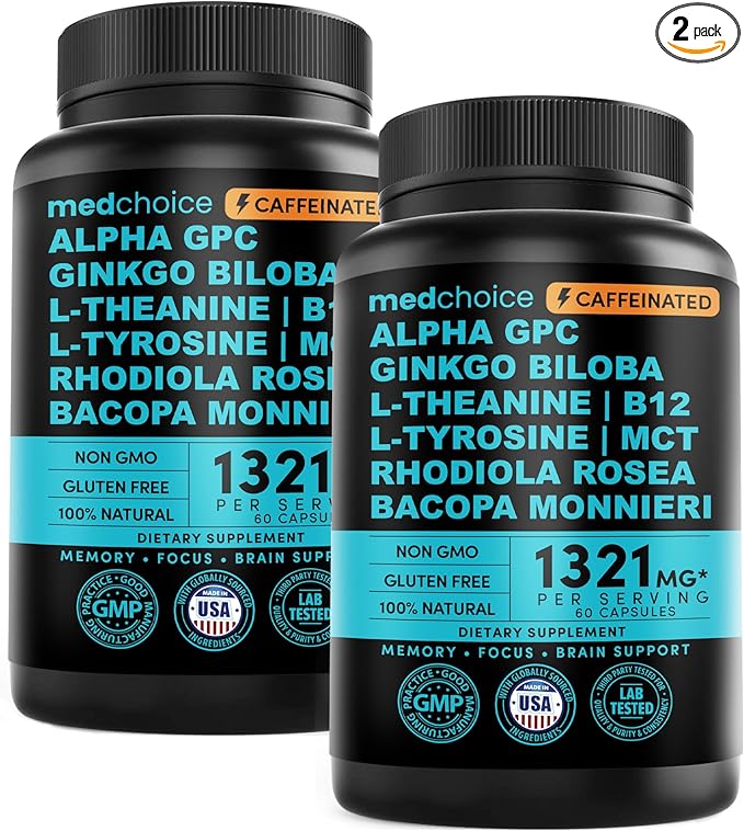 12-in-1 Nootropic Brain Supplement with Caffeine Anhydrous - Ginkgo Biloba for Brain Support, Memory, Focus - B12, Alpha GPC, L Theanine, Choline Supplements with Bioperine, 1321mg, (60ct, Pack of 2)
