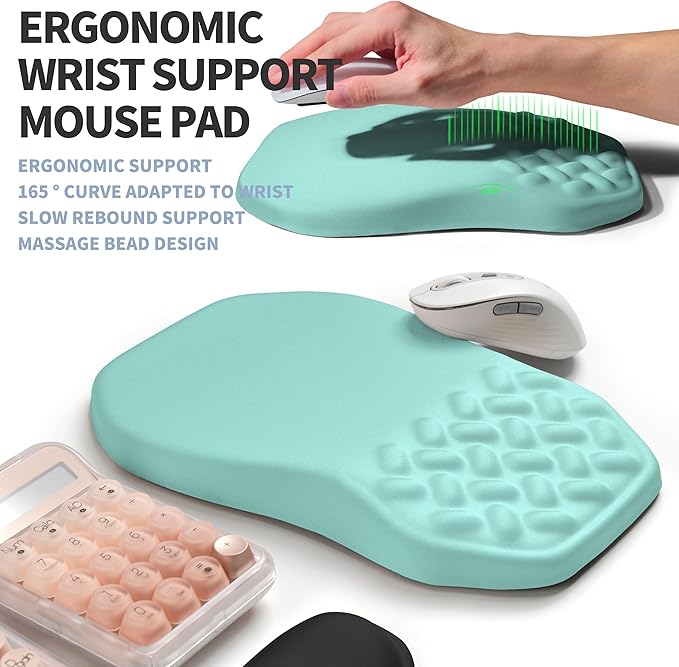 2-in-1 Ergonomic Set, Wave Keyboard Wrist Rest and Massage Slope Mouse Pad Wrist Support, Rebound Memory Foam for Relieve Carpal Tunnel Syndrome and Wrist Pain (Light Blue)